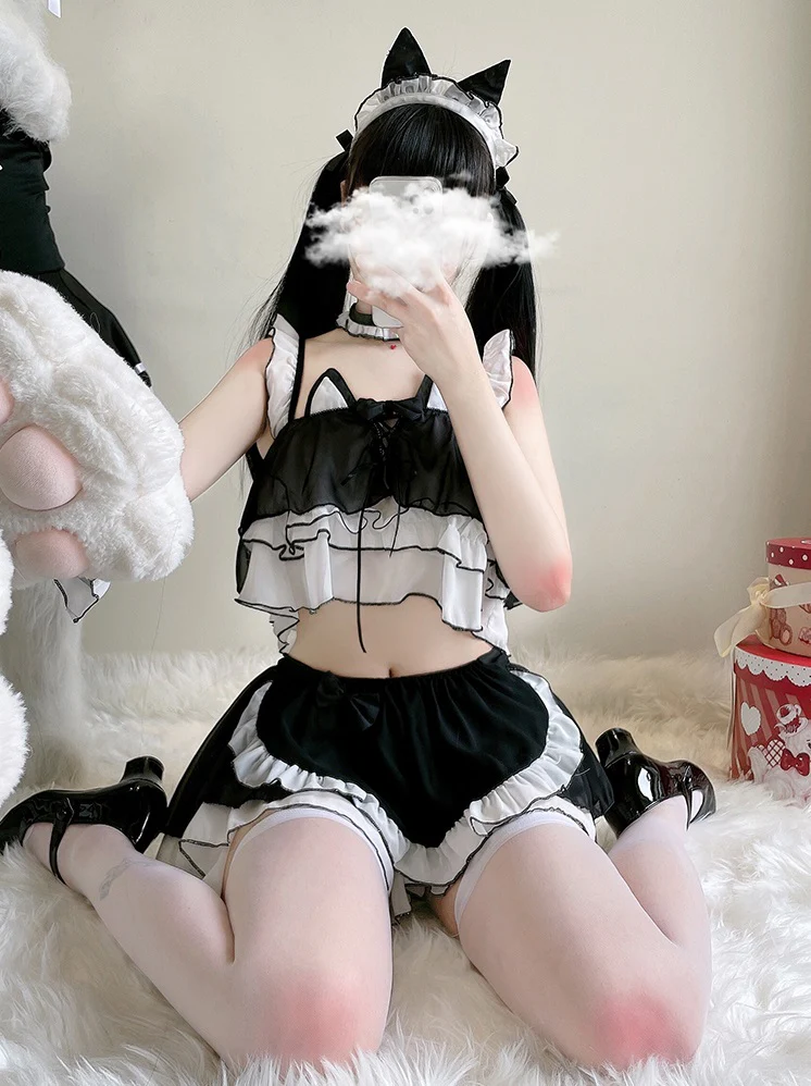 Sexy Maid Cat Girl Cosplay Pink Black Top Skirt Two Piece Set - Image 10