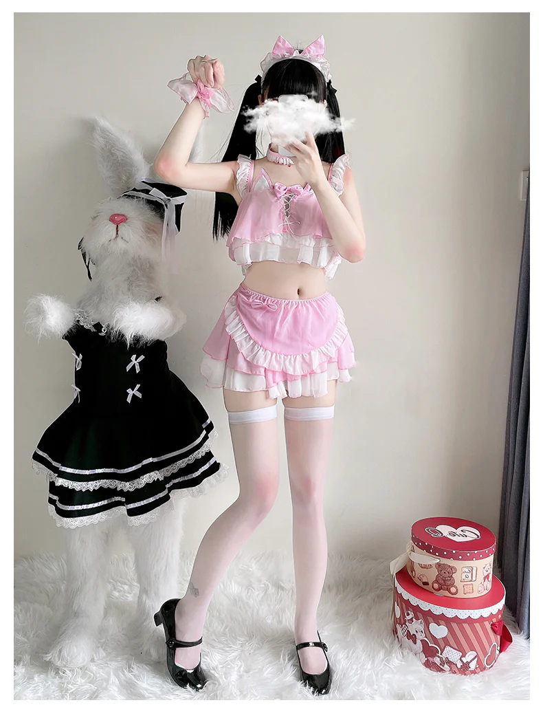 Sexy Maid Cat Girl Cosplay Pink Black Top Skirt Two Piece Set - Image 3