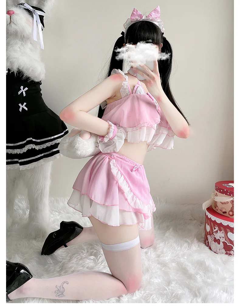 Sexy Maid Cat Girl Cosplay Pink Black Top Skirt Two Piece Set - Image 4