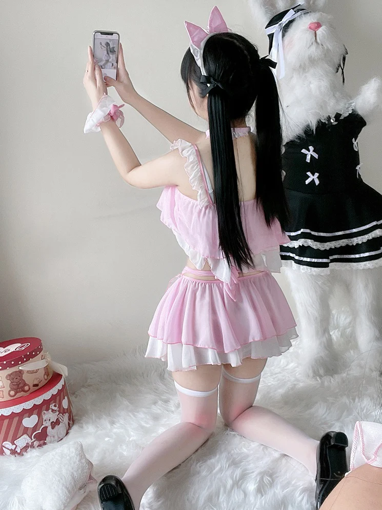 Sexy Maid Cat Girl Cosplay Pink Black Top Skirt Two Piece Set - Image 6