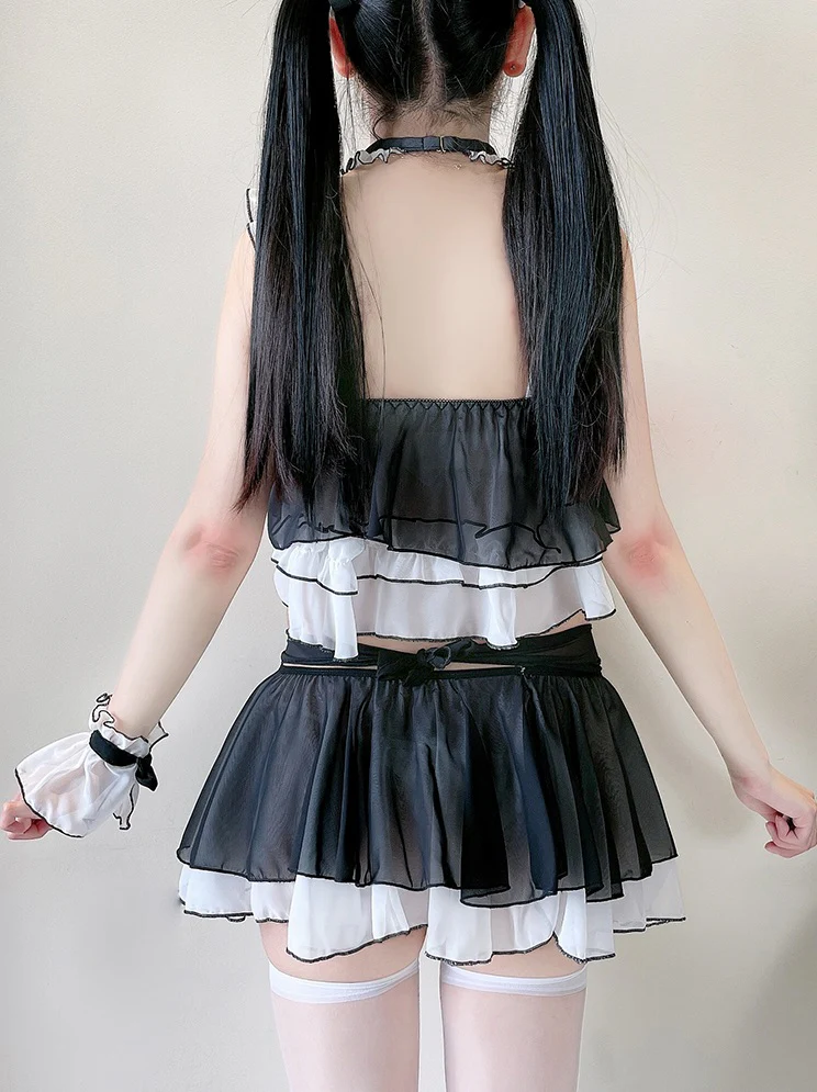 Sexy Maid Cat Girl Cosplay Pink Black Top Skirt Two Piece Set - Image 8