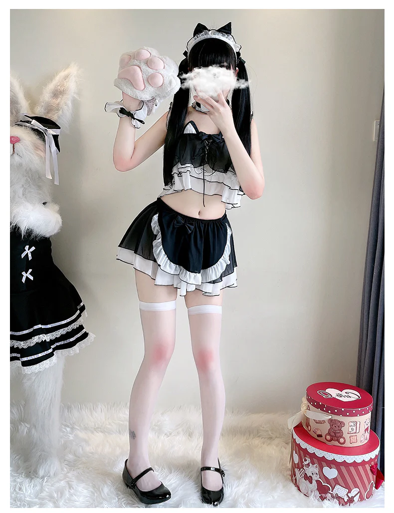 Sexy Maid Cat Girl Cosplay Pink Black Top Skirt Two Piece Set - Image 9