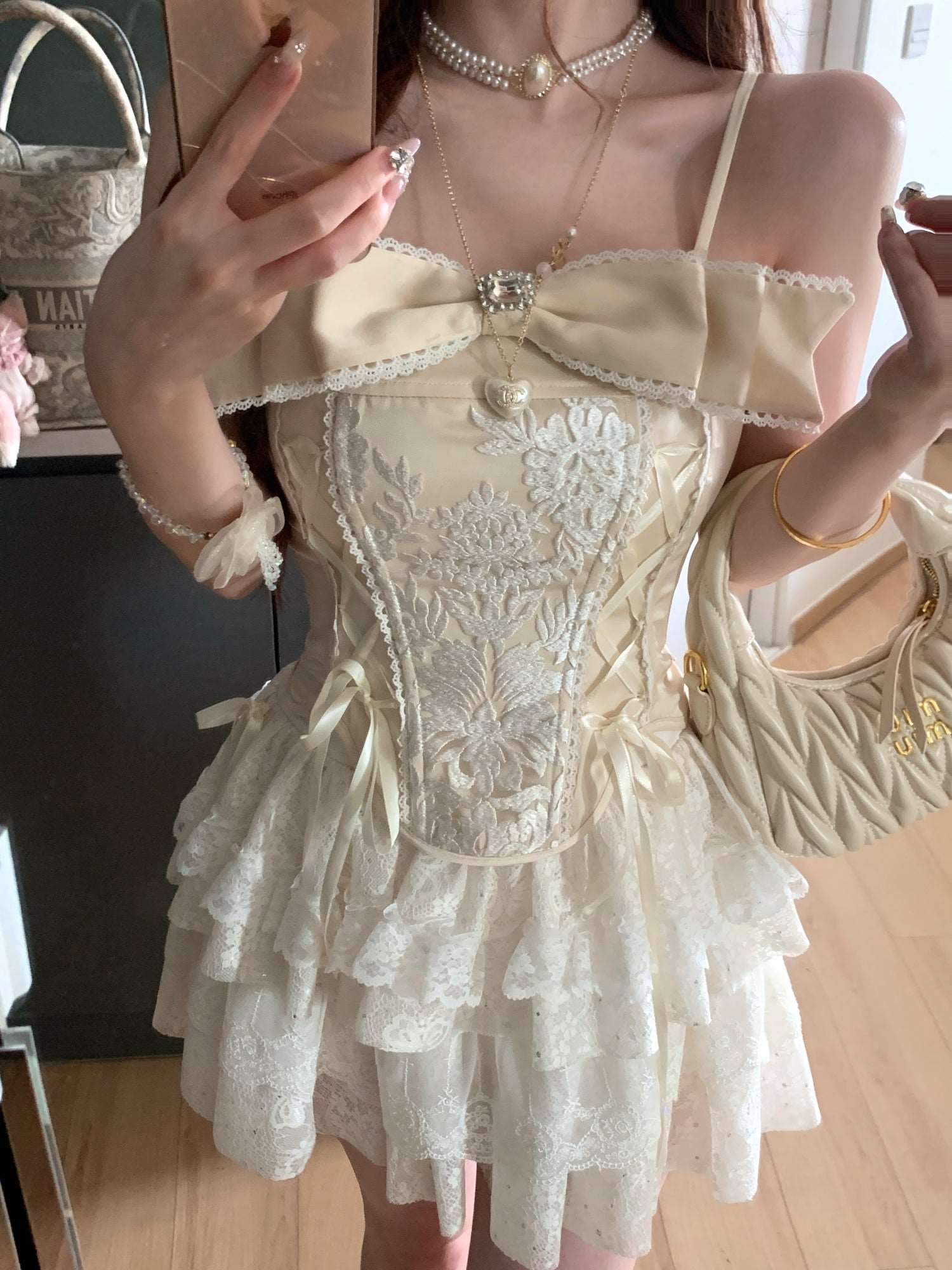 Acacia Diamond Castle Floral Cream Pink Bandeau Top & Lace Skirt Two Piece Set - Image 4