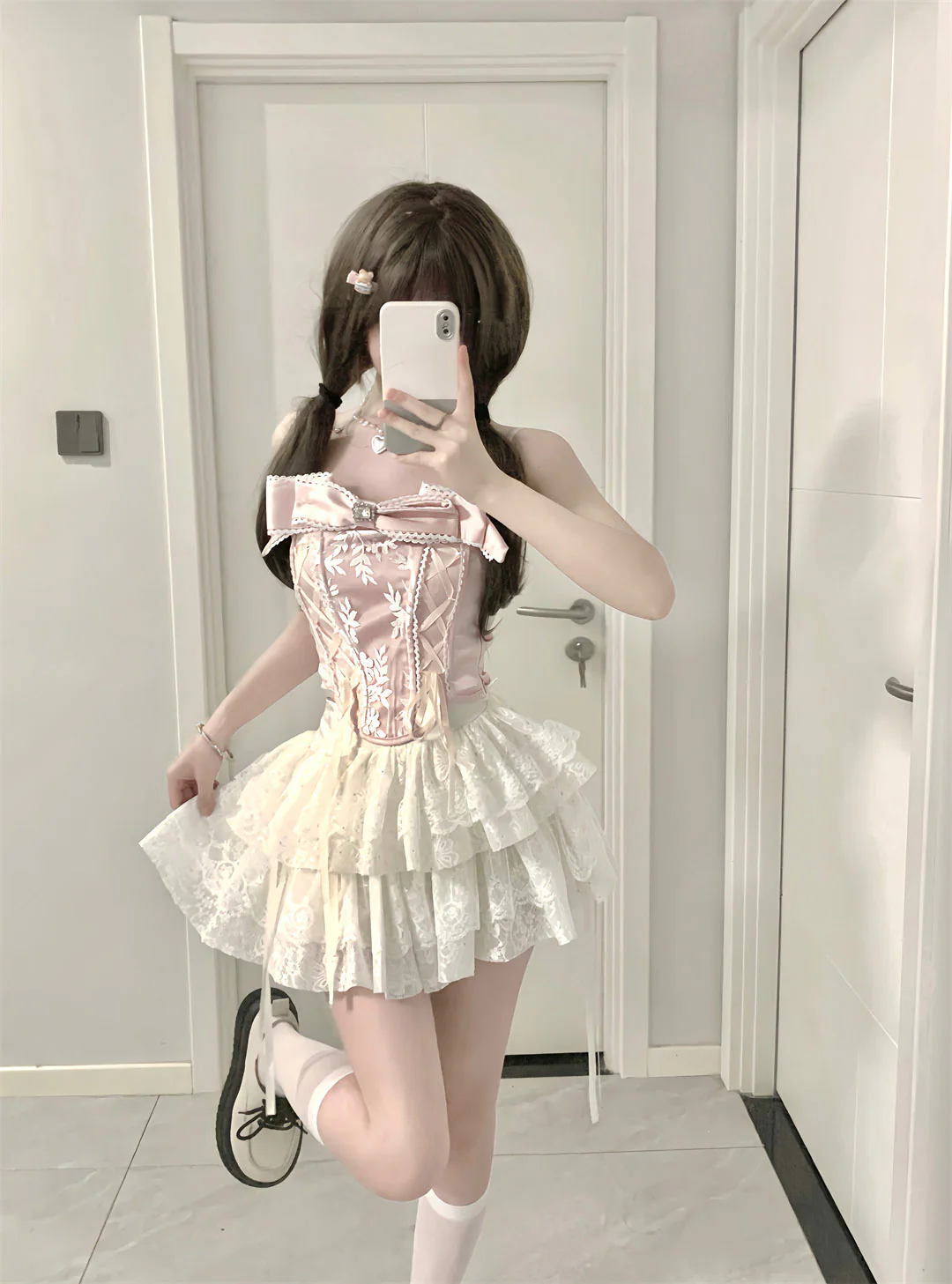 Acacia Diamond Castle Floral Cream Pink Bandeau Top & Lace Skirt Two Piece Set - Image 5