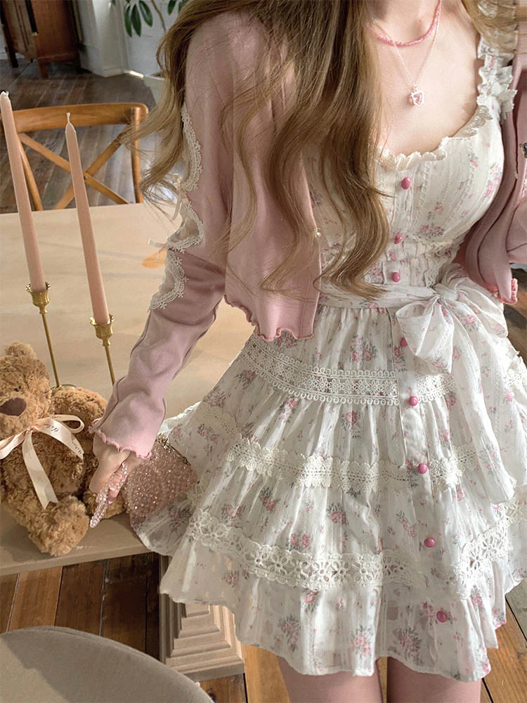 Acacia Glass Garden Floral White Dress & Pink Cardigan Two Piece Set - Image 2
