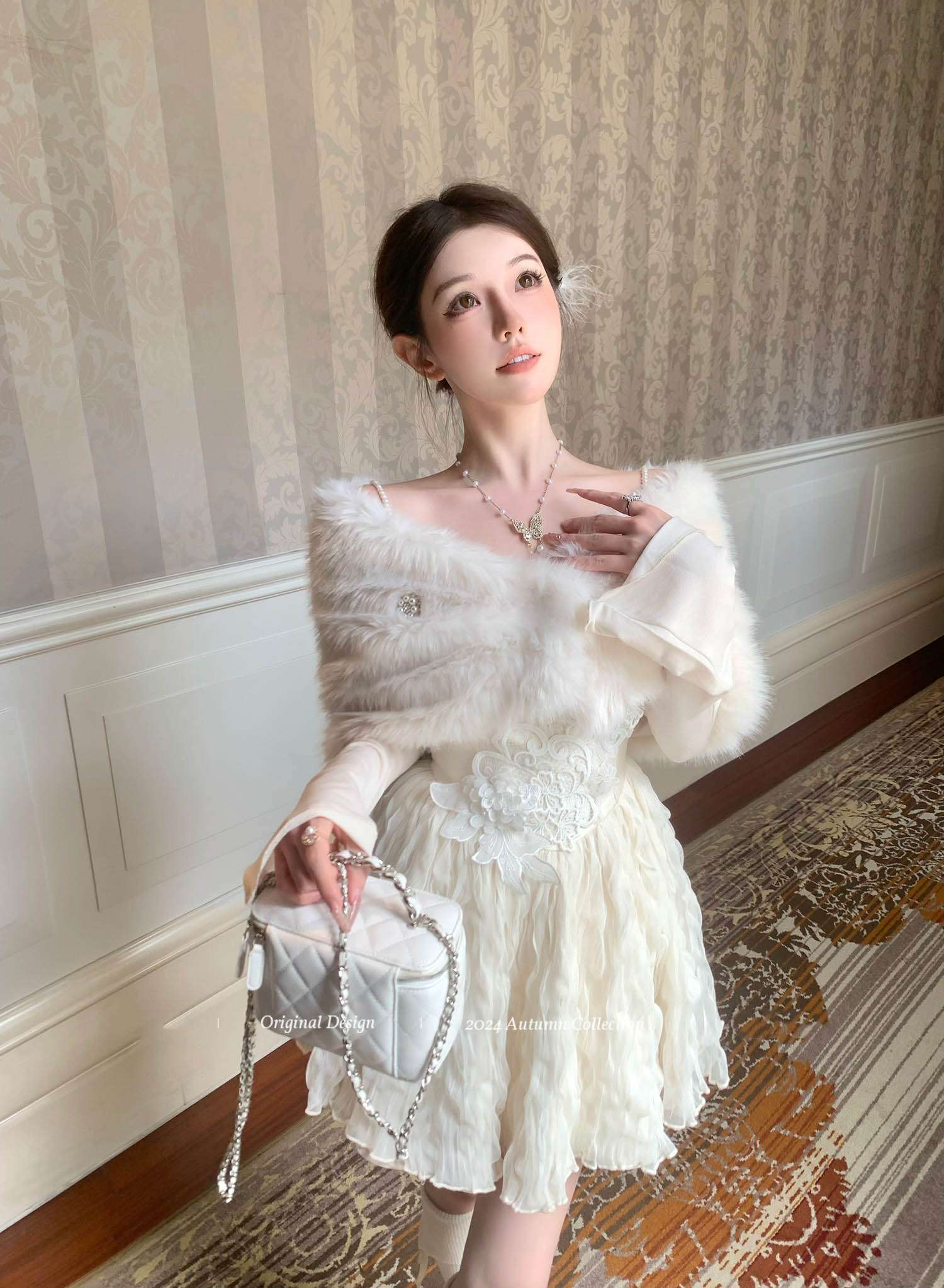 Acacia Noble Lady White Dress  Fur Shawl Two Piece Set - Image 2