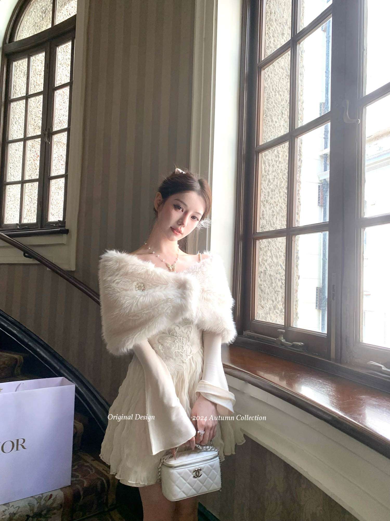 Acacia Noble Lady White Dress  Fur Shawl Two Piece Set - Image 3