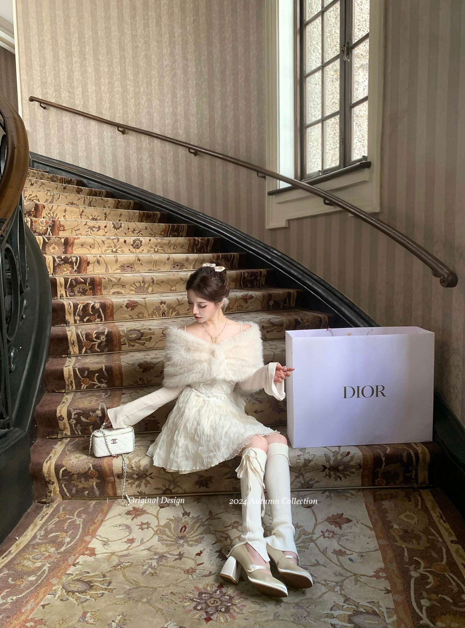 Acacia Noble Lady White Dress  Fur Shawl Two Piece Set - Image 4