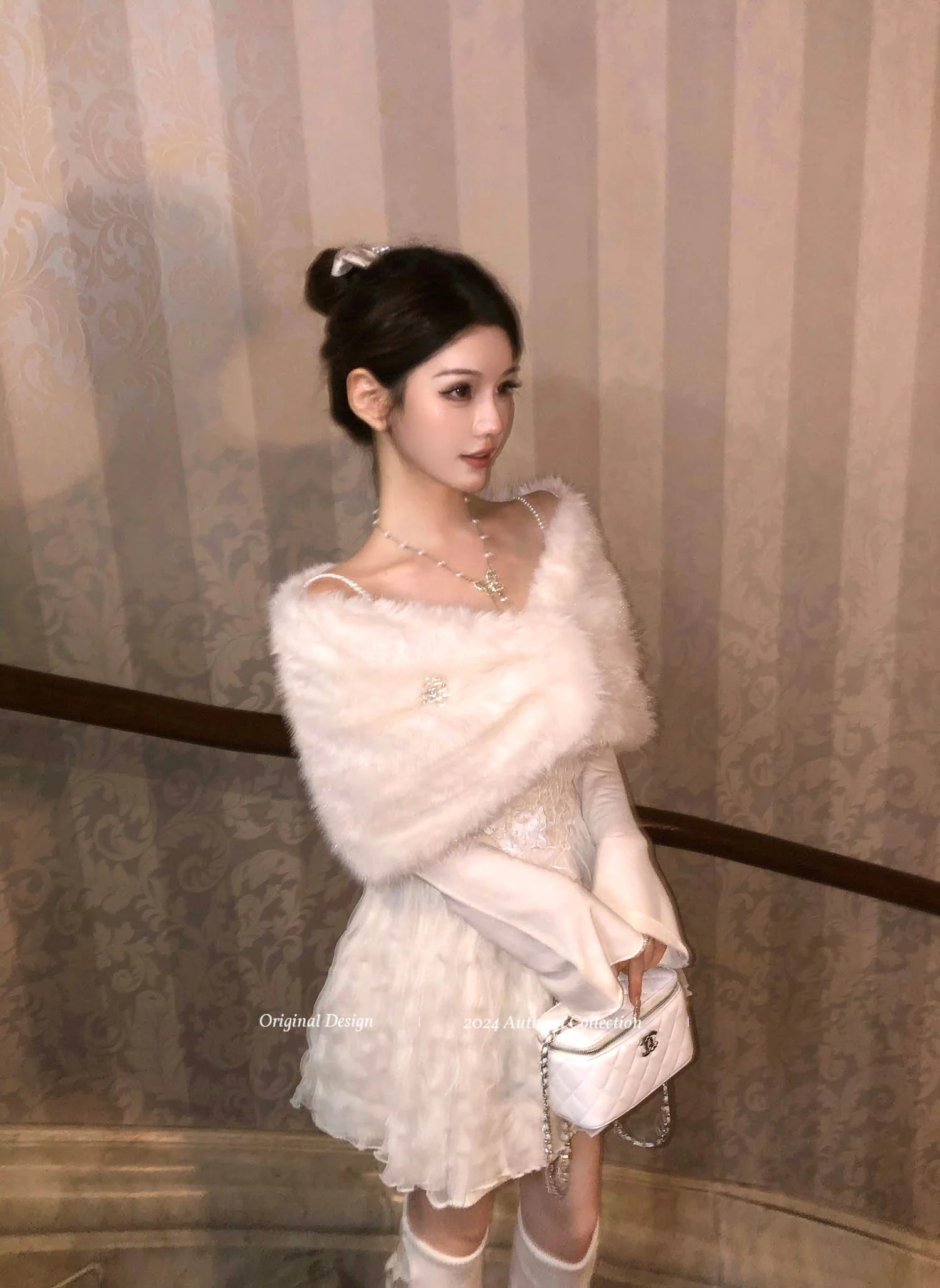 Acacia Noble Lady White Dress  Fur Shawl Two Piece Set - Image 6