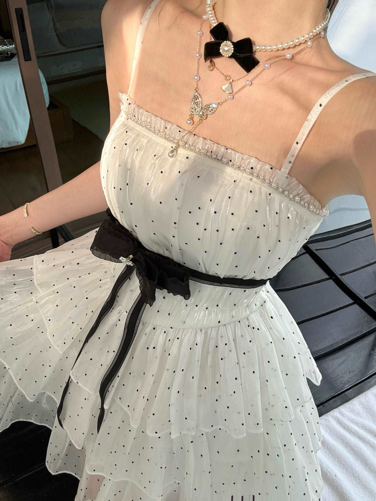 Acacia Saga Polka Dot Pink White Short Strap Dress - Image 5