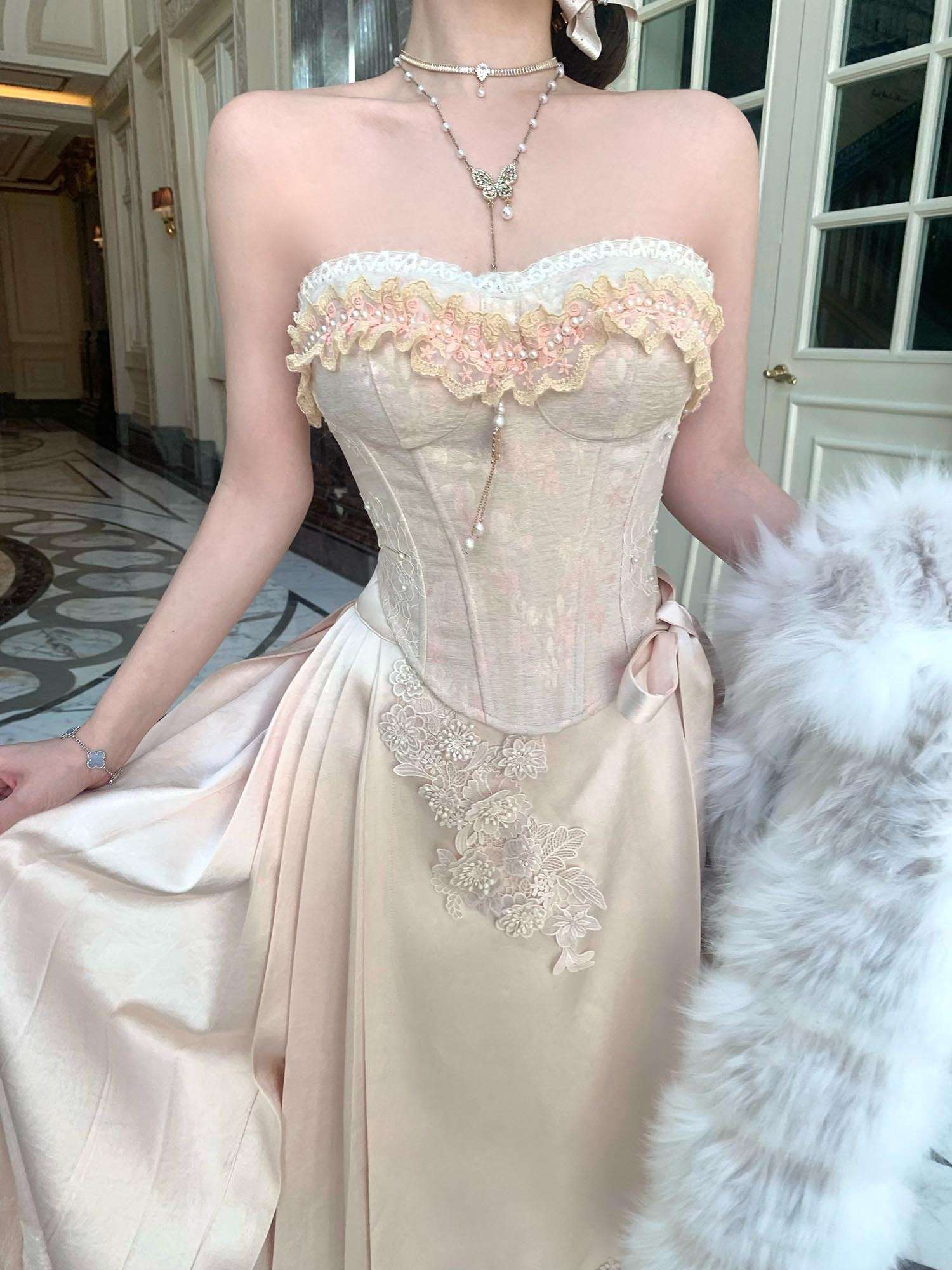 Acacia White Jade Pink Corset Long Skirt Two Piece Set - Image 5