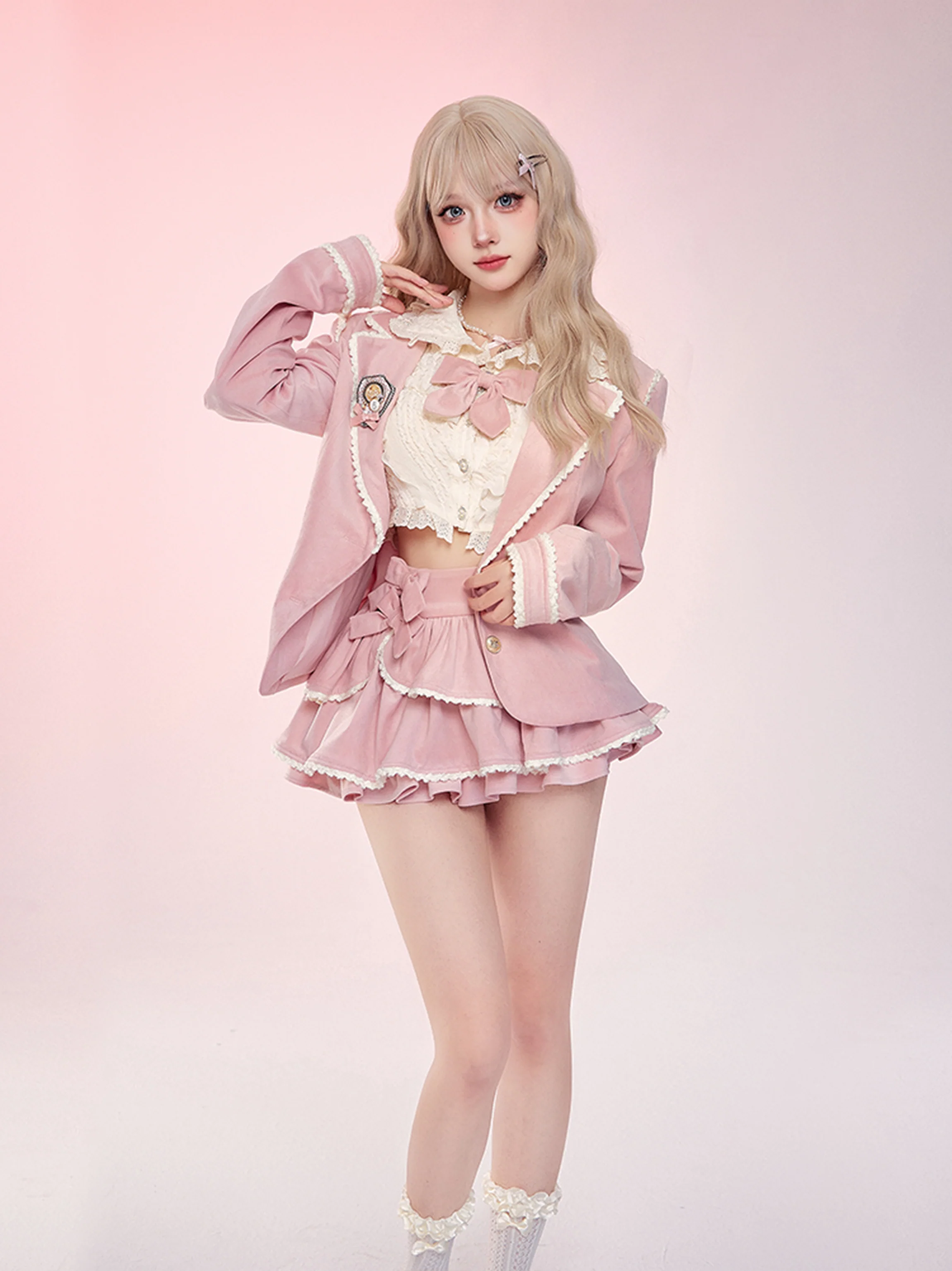 Serendipity Academia Coquette Pink Sweet Cute Blazer Shirt Mini Skirt Three Piece Set - Image 3