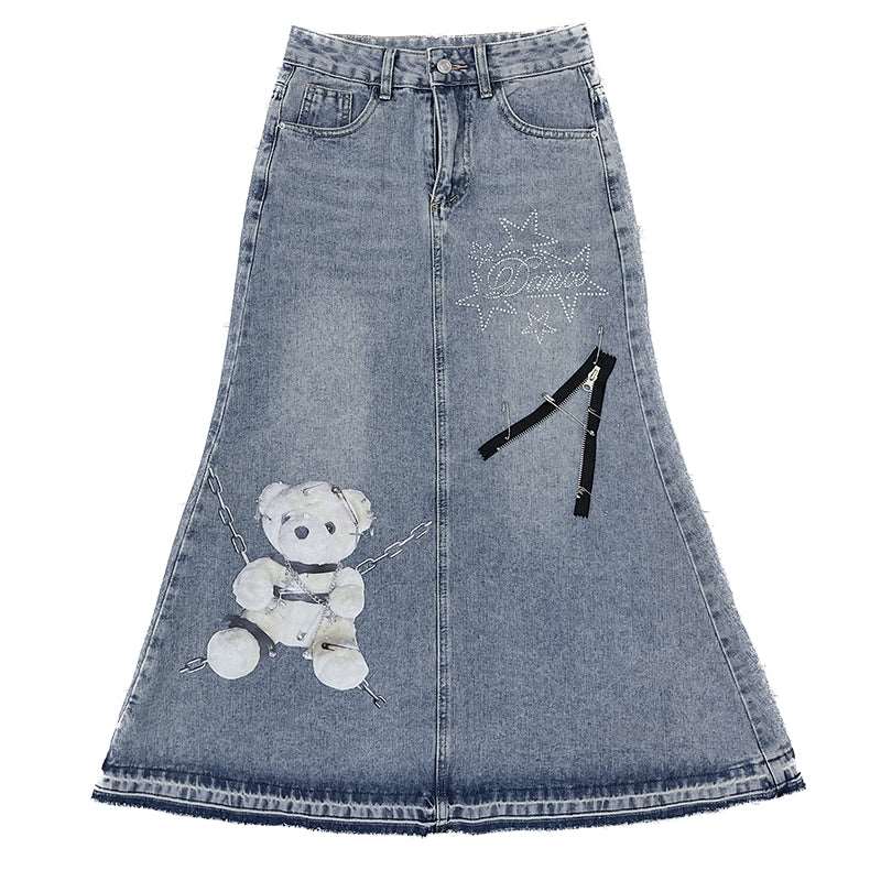 Bear Chain Street Hiphop Style Y2K Hot Girl Mid-length Denim Skirt - Image 6