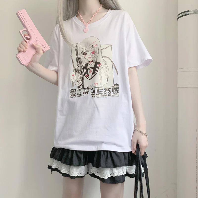 Angel Gunslinger Girl Black White Print Cotton Short Sleeved Oversize T-shirt - Image 10