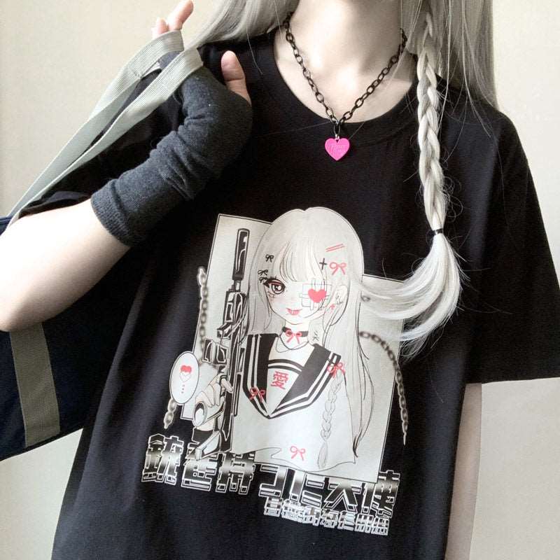 Angel Gunslinger Girl Black White Print Cotton Short Sleeved Oversize T-shirt - Image 3