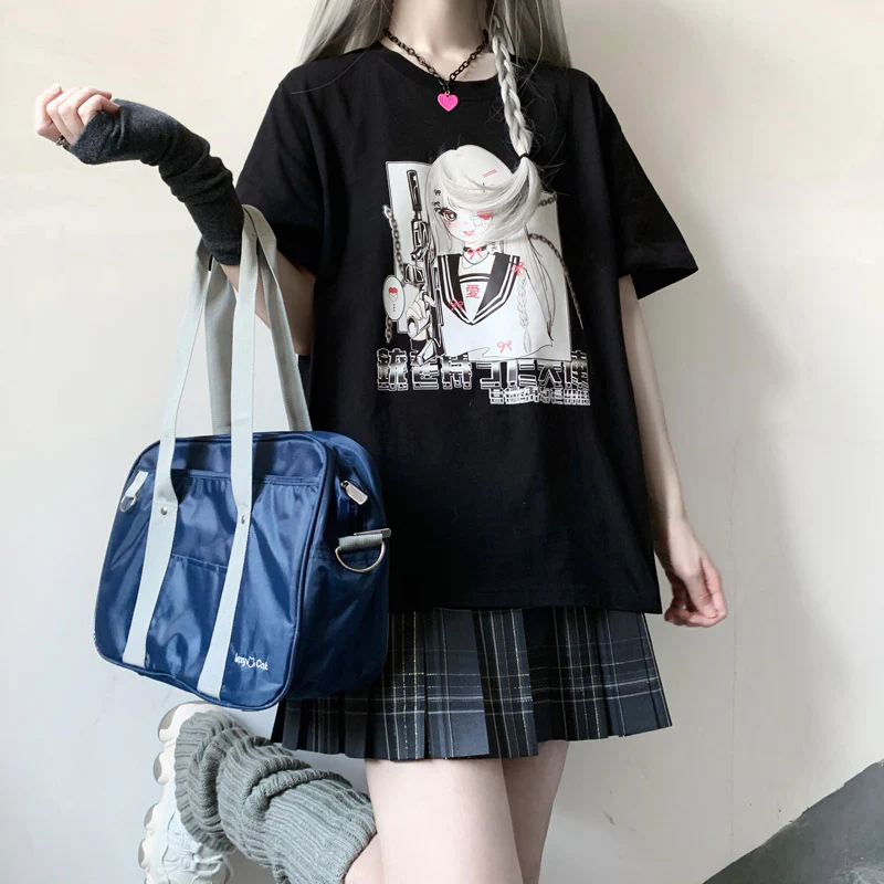 Angel Gunslinger Girl Black White Print Cotton Short Sleeved Oversize T-shirt - Image 4
