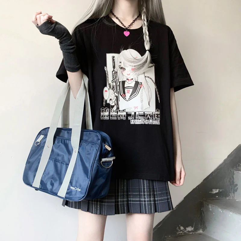 Angel Gunslinger Girl Black White Print Cotton Short Sleeved Oversize T-shirt - Image 6