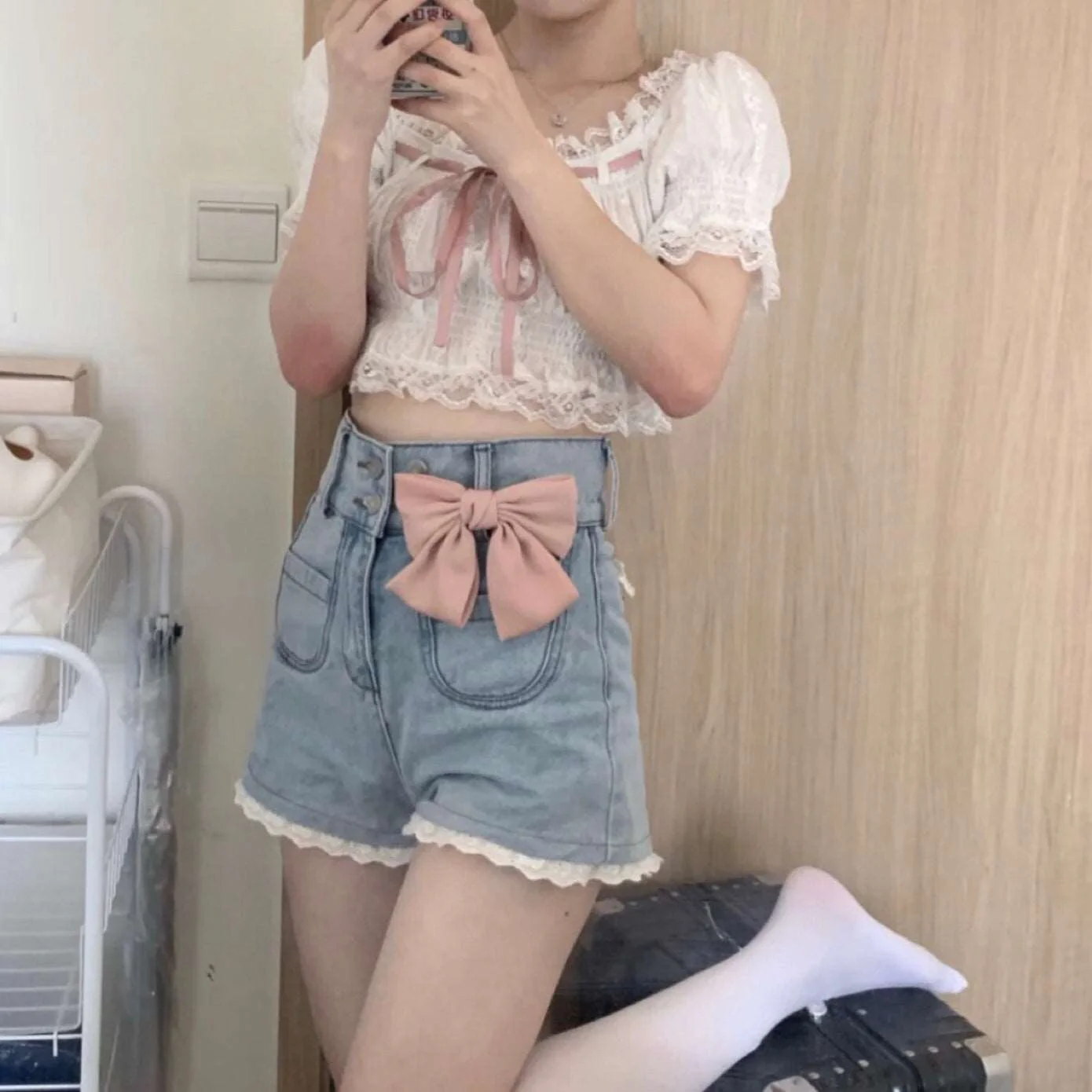 Angel Kiss Lace Pink Ribbon White Top Blouse Bow Denim Shorts Two Piece Set - Image 3