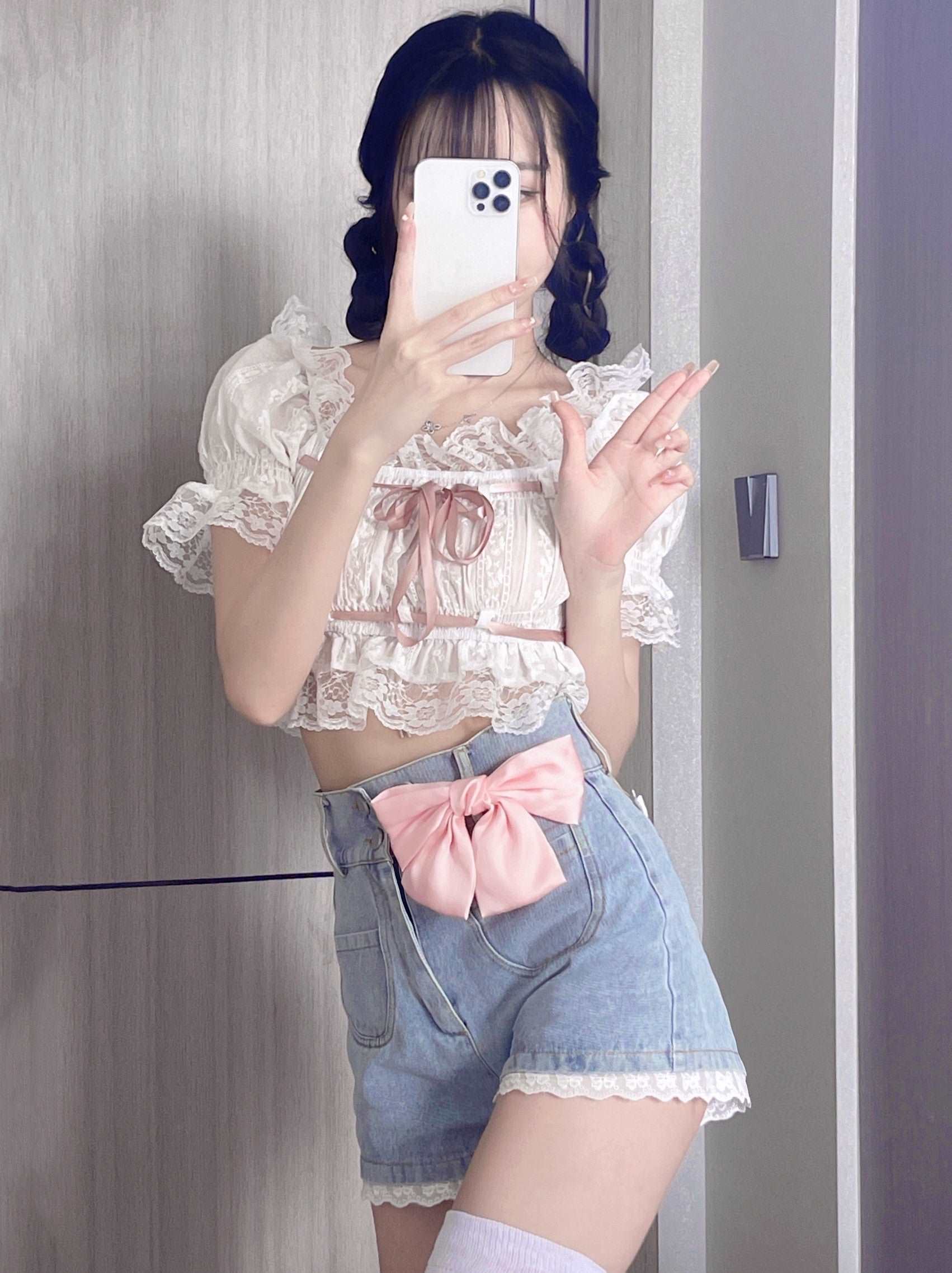 Angel Kiss Lace Pink Ribbon White Top Blouse Bow Denim Shorts Two Piece Set - Image 4