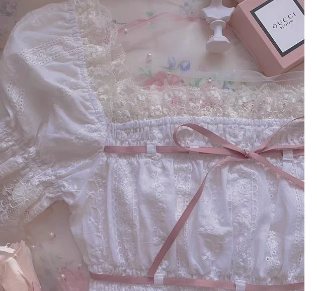 Angel Kiss Lace Pink Ribbon White Top Blouse Bow Denim Shorts Two Piece Set - Image 6