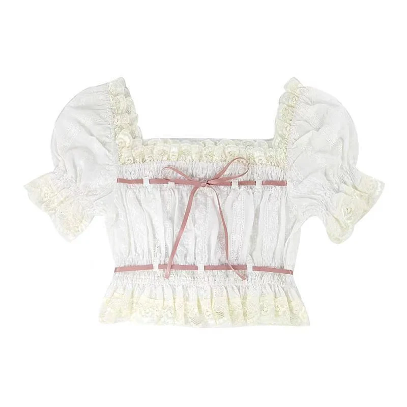Angel Kiss Lace Pink Ribbon White Top Blouse Bow Denim Shorts Two Piece Set - Image 7