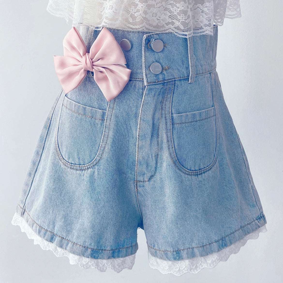 Angel Kiss Lace Pink Ribbon White Top Blouse Bow Denim Shorts Two Piece Set - Image 8
