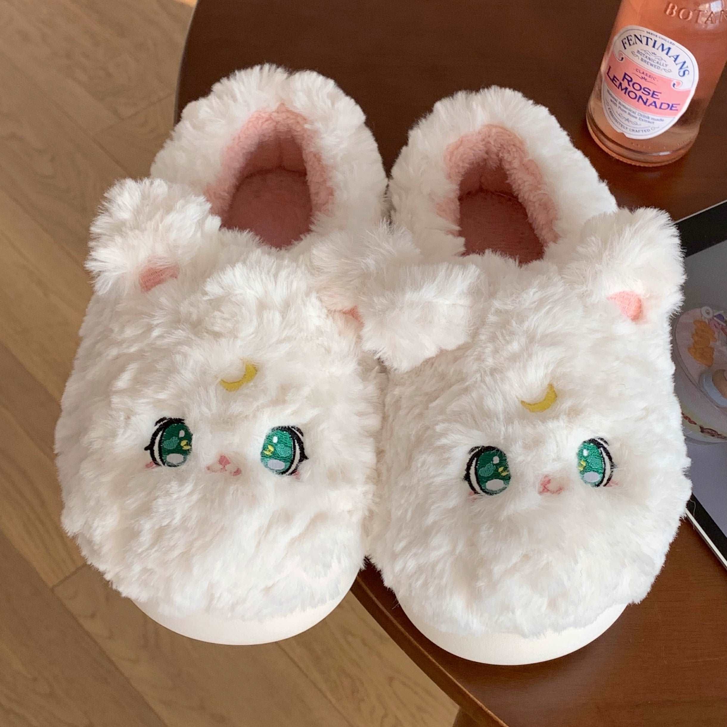 Anime Magical Girl Cute Black White Cat Luna Moon Winter Thick Plush Slippers Shoes - Image 2