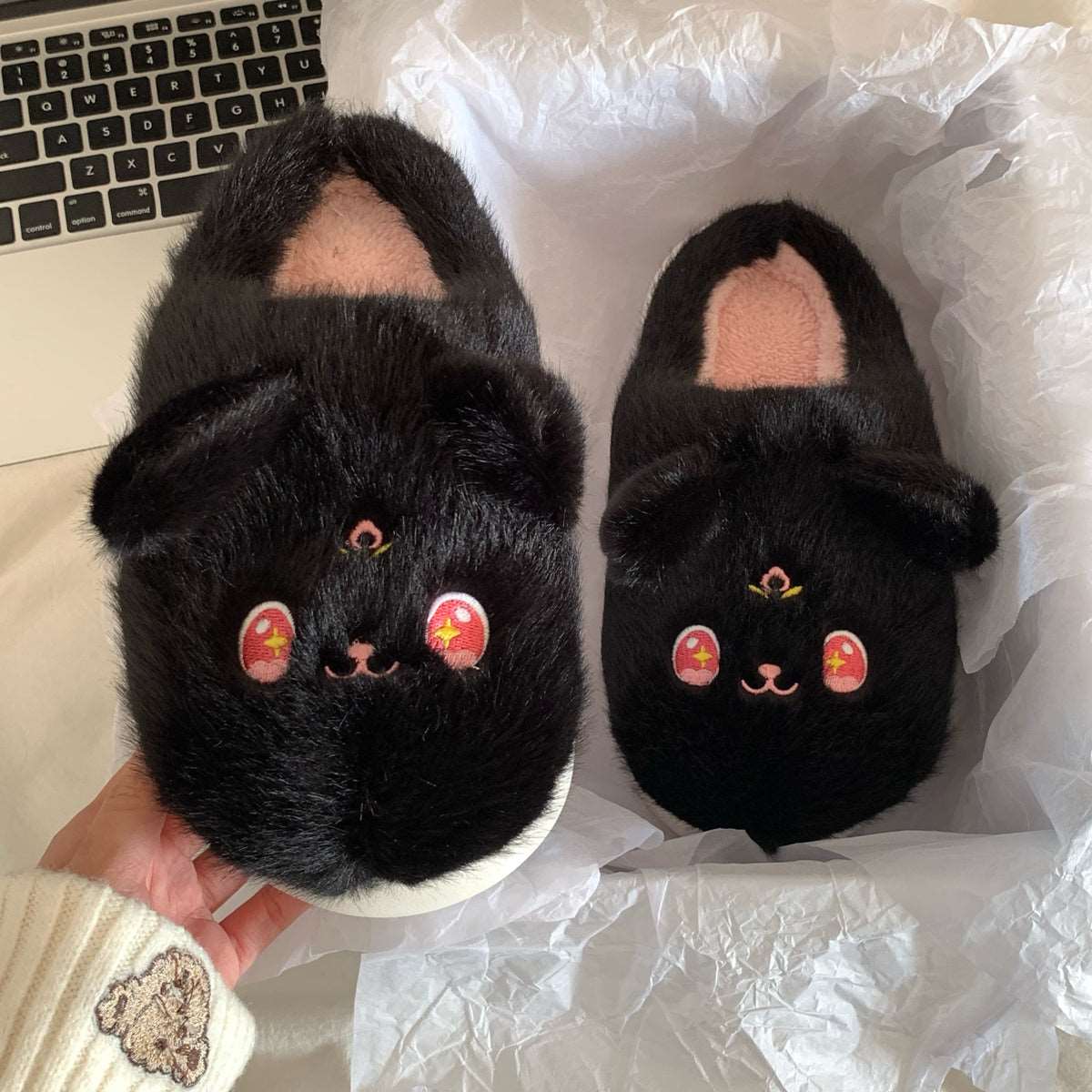 Anime Magical Girl Cute Black White Cat Luna Moon Winter Thick Plush Slippers Shoes - Image 4