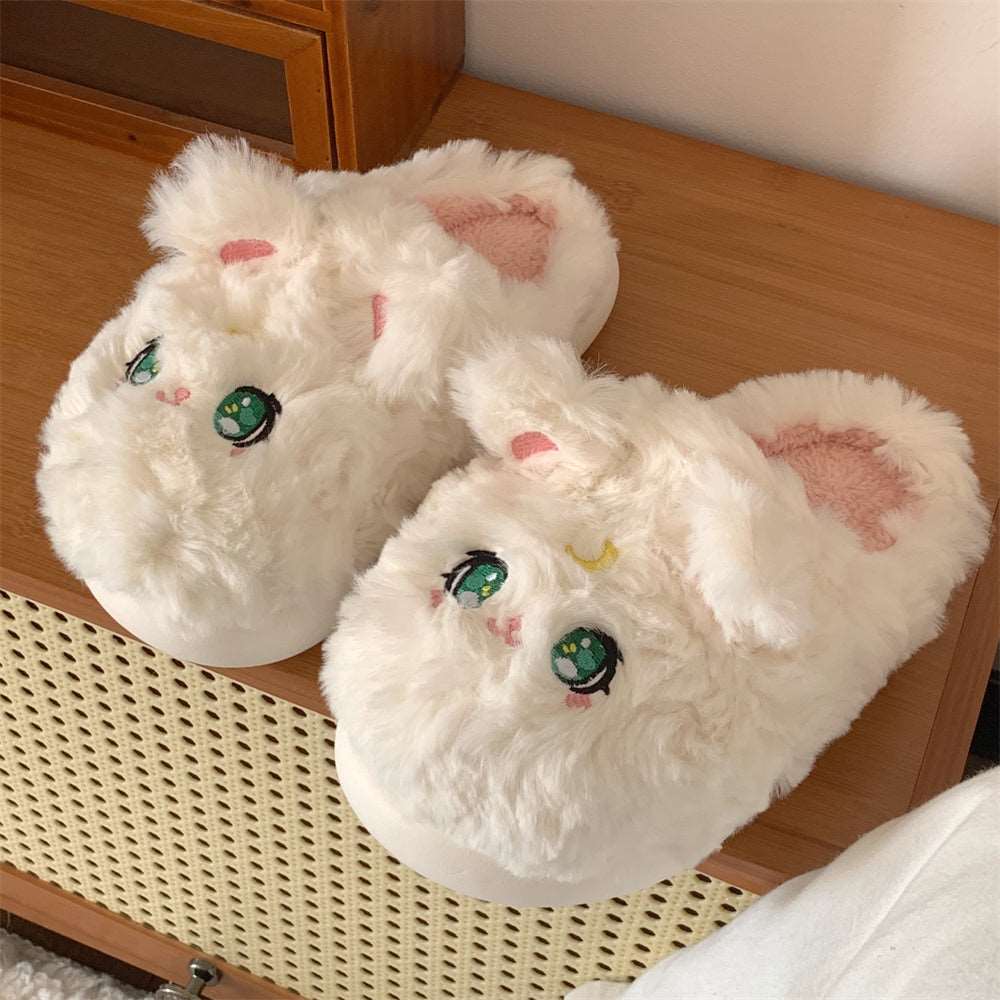 Anime Magical Girl Cute Black White Cat Luna Moon Winter Thick Plush Slippers Shoes - Image 5