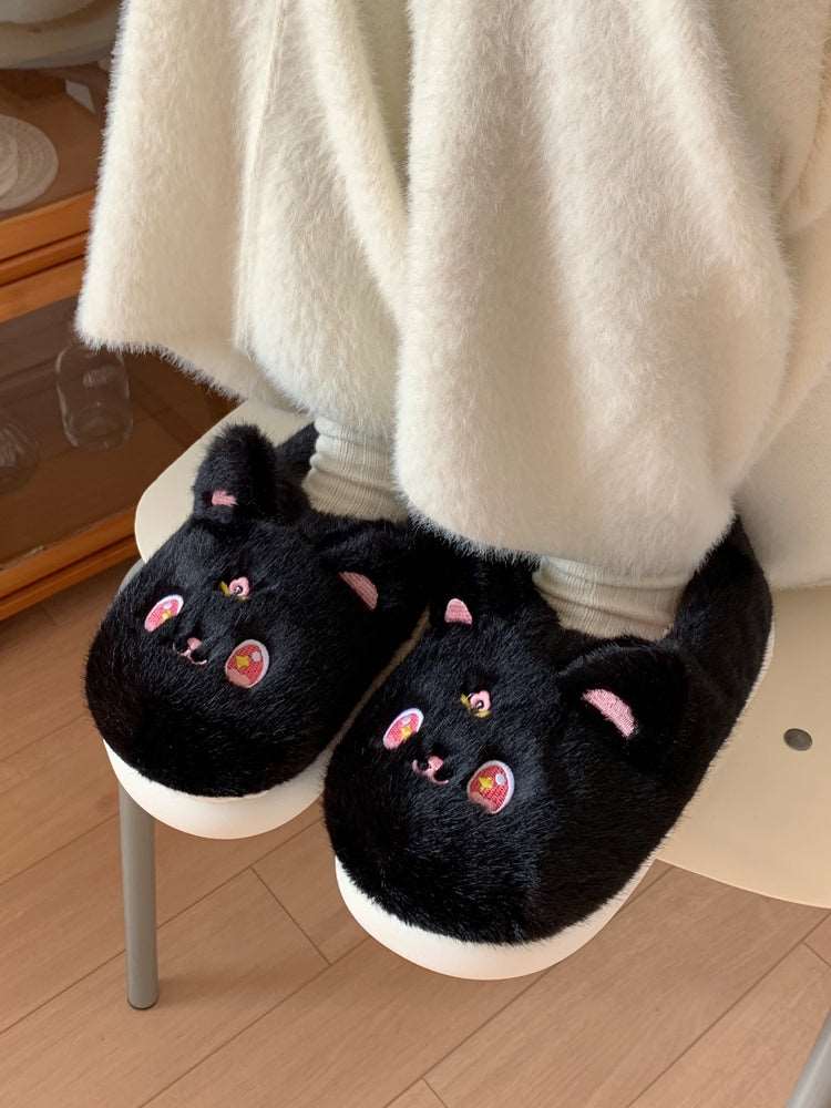Anime Magical Girl Cute Black White Cat Luna Moon Winter Thick Plush Slippers Shoes - Image 6