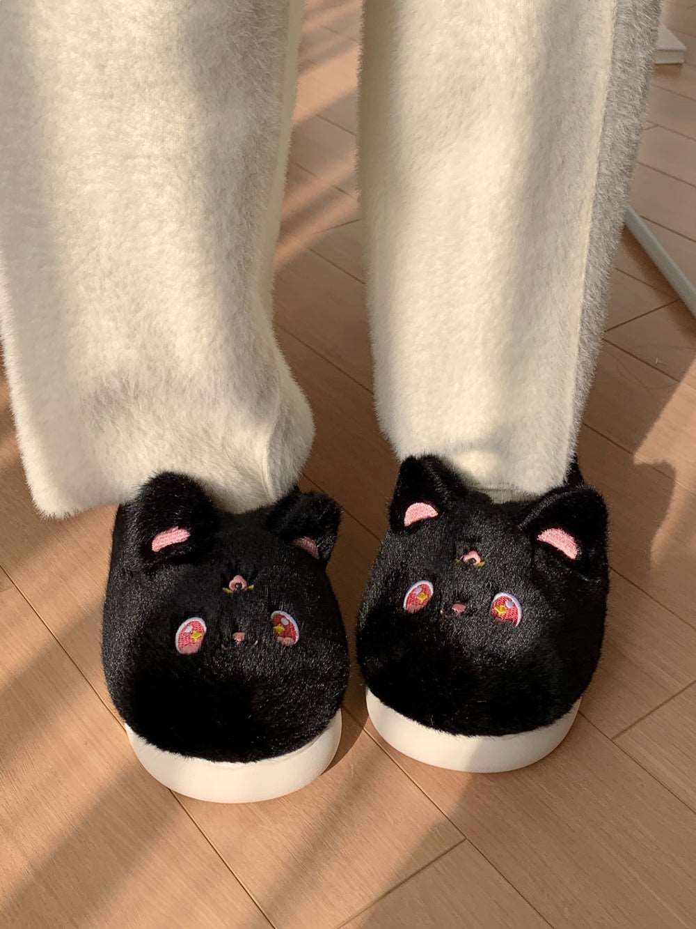 Anime Magical Girl Cute Black White Cat Luna Moon Winter Thick Plush Slippers Shoes - Image 7