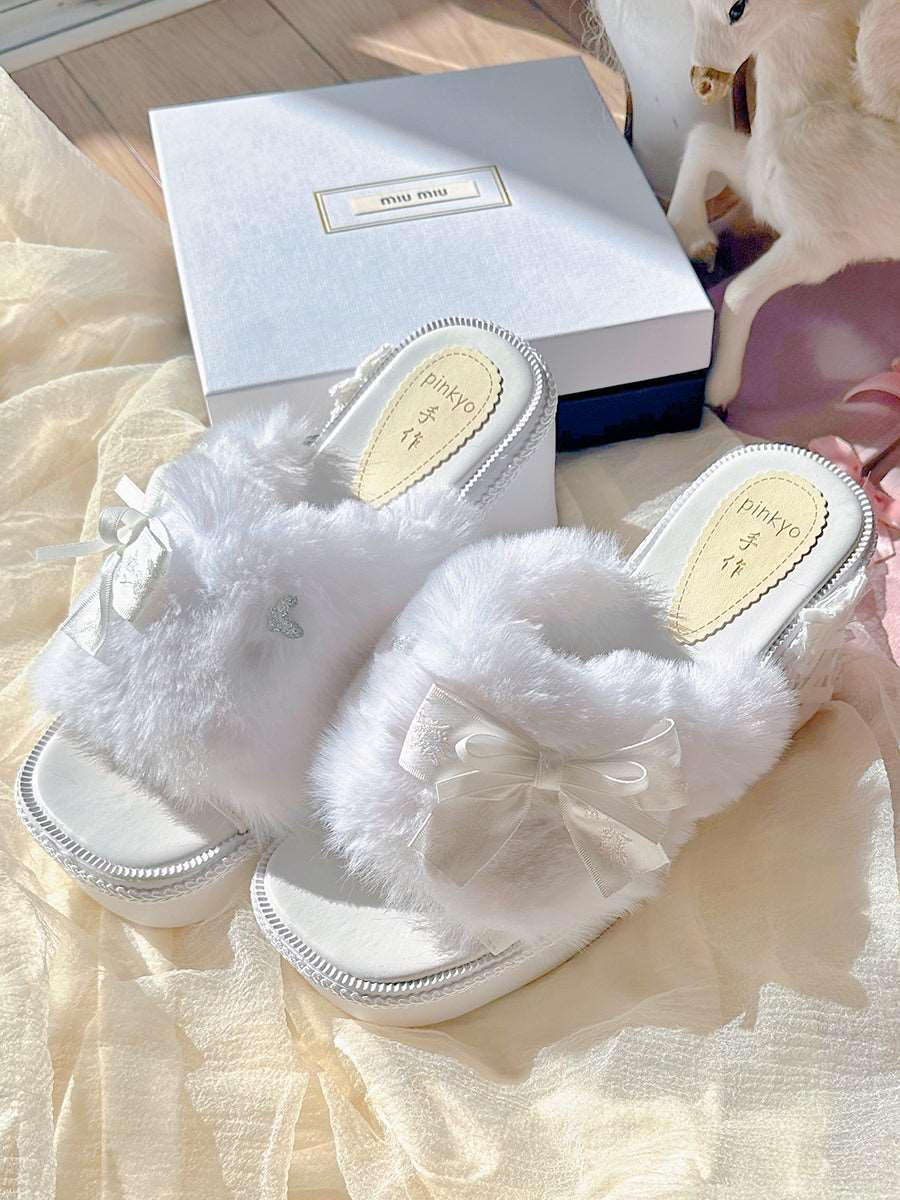 Pinky Antique Princess White Plush Velvet Wedge Height Heels Slippers - Image 2