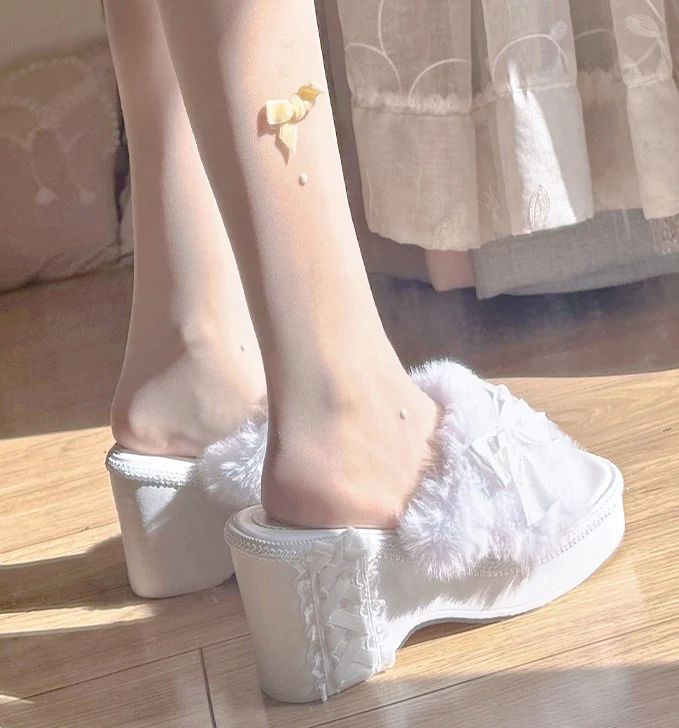 Pinky Antique Princess White Plush Velvet Wedge Height Heels Slippers - Image 3