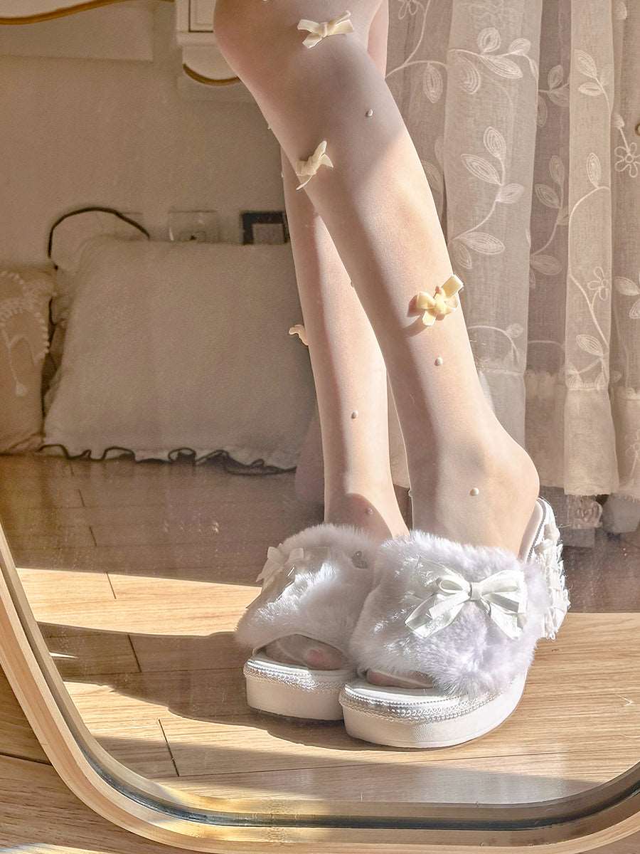Pinky Antique Princess White Plush Velvet Wedge Height Heels Slippers - Image 4