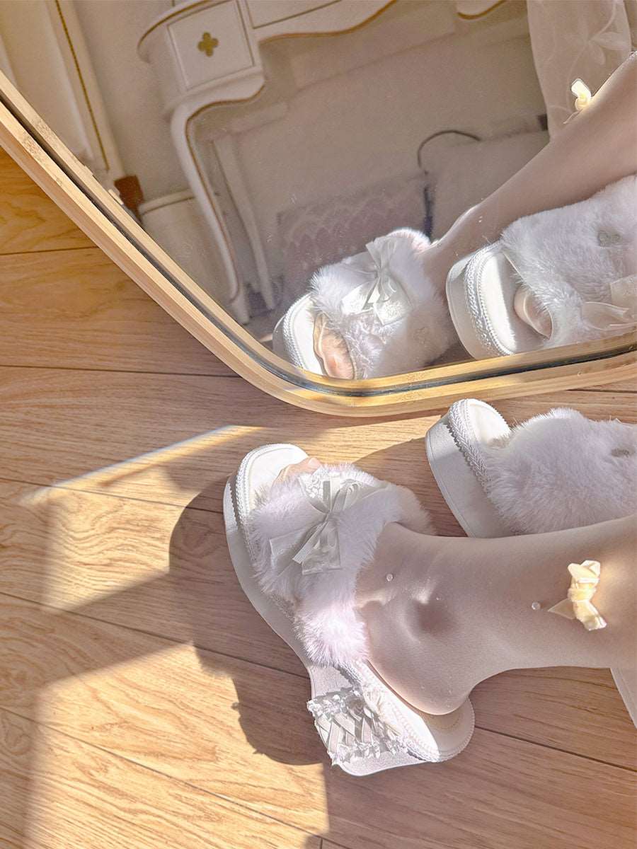 Pinky Antique Princess White Plush Velvet Wedge Height Heels Slippers - Image 5