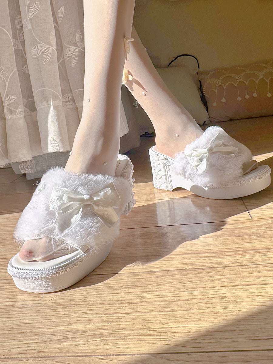 Pinky Antique Princess White Plush Velvet Wedge Height Heels Slippers - Image 6