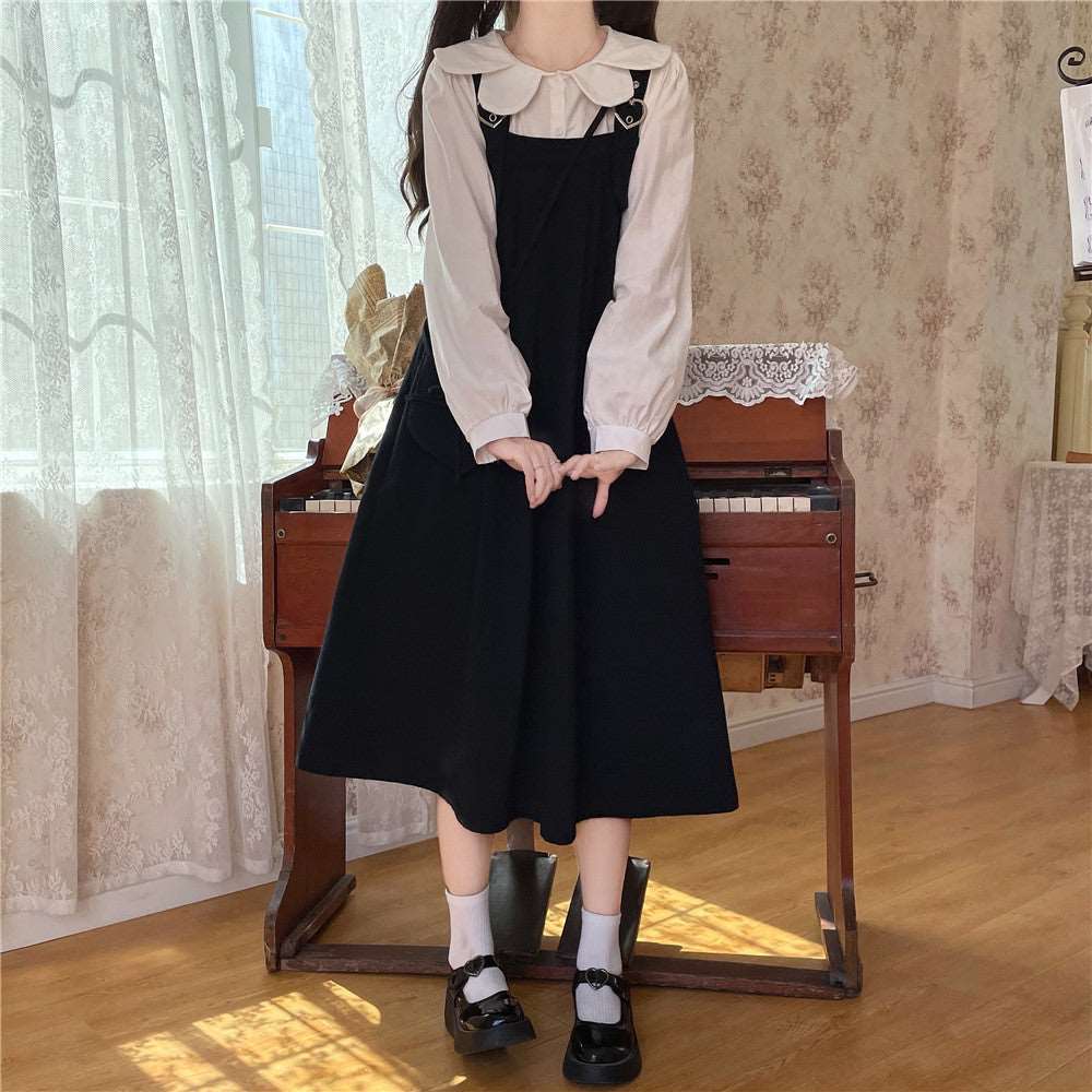 Autumn Mori Girl Heart Navy Blue Black Brown Green Dress Suspender Skirt & White Shirt Blouse Two Piece Set - Image 10