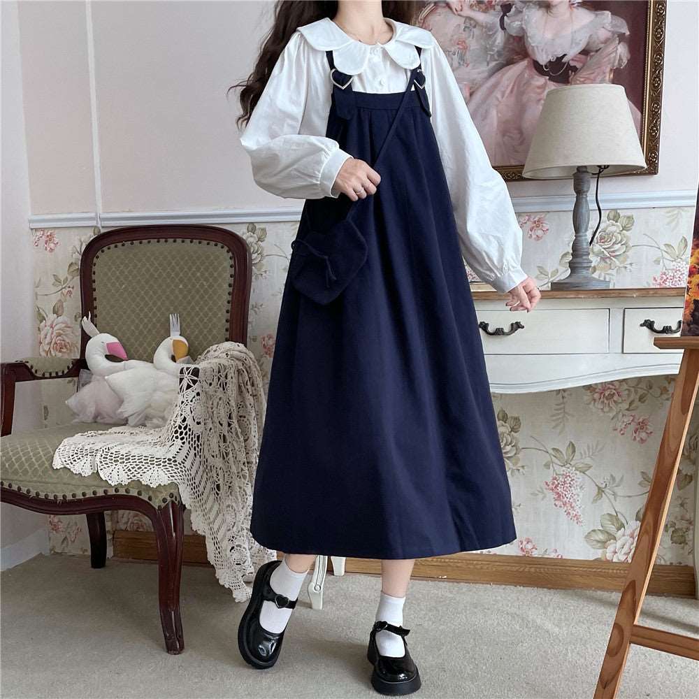 Autumn Mori Girl Heart Navy Blue Black Brown Green Dress Suspender Skirt & White Shirt Blouse Two Piece Set - Image 2