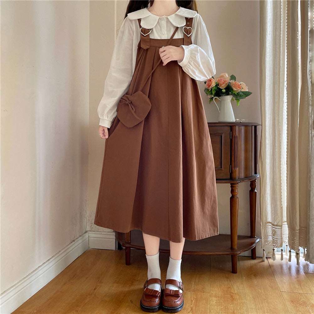 Autumn Mori Girl Heart Navy Blue Black Brown Green Dress Suspender Skirt & White Shirt Blouse Two Piece Set - Image 3