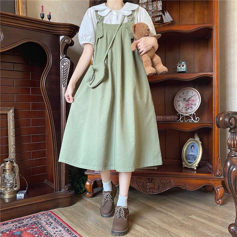 Autumn Mori Girl Heart Navy Blue Black Brown Green Dress Suspender Skirt & White Shirt Blouse Two Piece Set - Image 4