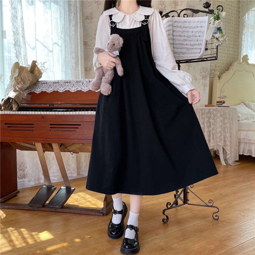 Autumn Mori Girl Heart Navy Blue Black Brown Green Dress Suspender Skirt & White Shirt Blouse Two Piece Set - Image 5