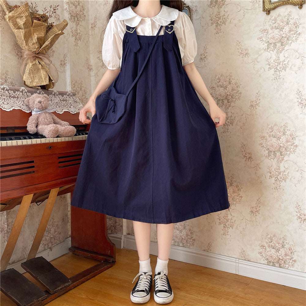 Autumn Mori Girl Heart Navy Blue Black Brown Green Dress Suspender Skirt & White Shirt Blouse Two Piece Set - Image 6