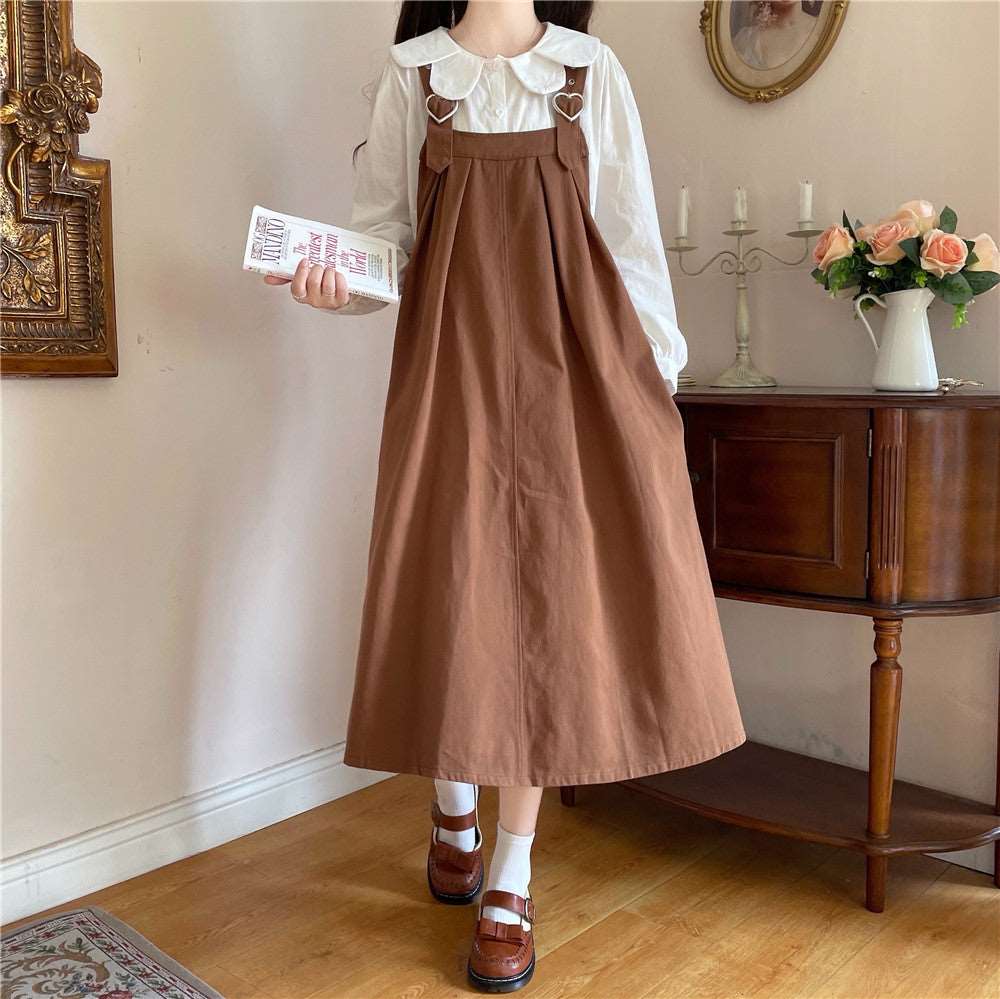 Autumn Mori Girl Heart Navy Blue Black Brown Green Dress Suspender Skirt & White Shirt Blouse Two Piece Set - Image 7