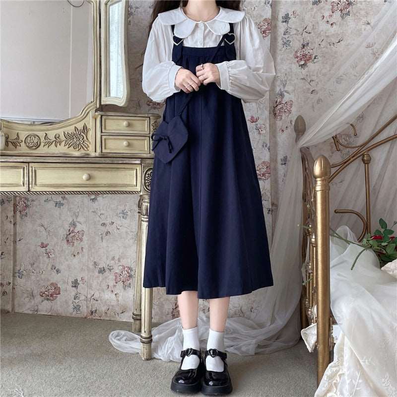 Autumn Mori Girl Heart Navy Blue Black Brown Green Dress Suspender Skirt & White Shirt Blouse Two Piece Set - Image 8