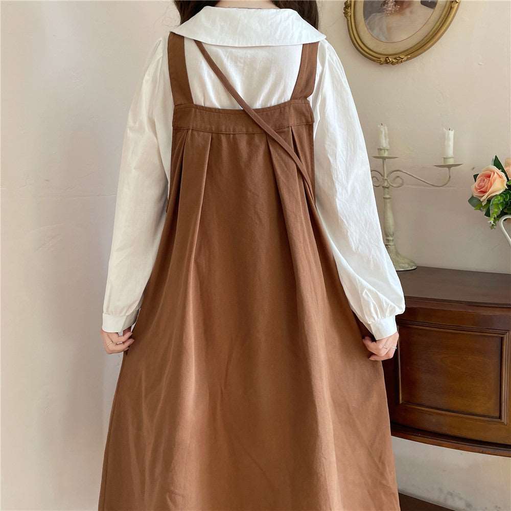 Autumn Mori Girl Heart Navy Blue Black Brown Green Dress Suspender Skirt & White Shirt Blouse Two Piece Set - Image 9