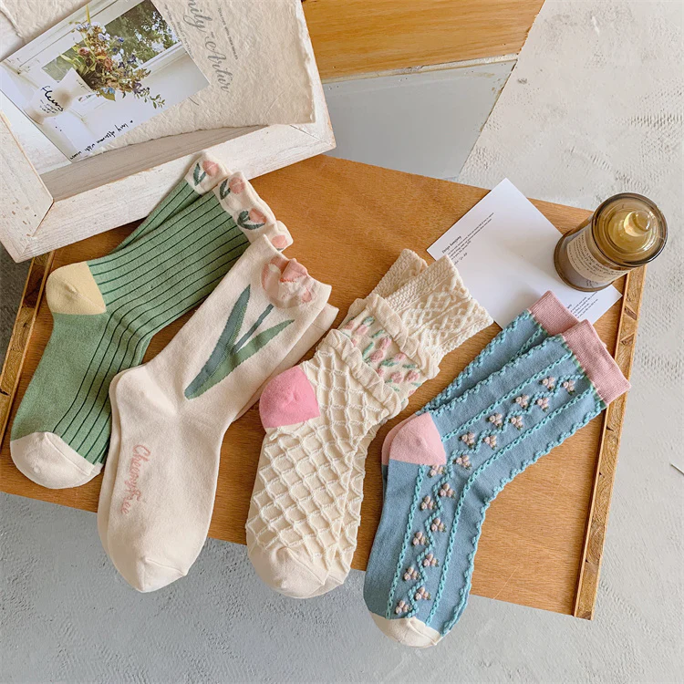 Colorful Tulips Flower White Pink Green Socks 4 Patterns Pairs Sets - Image 5