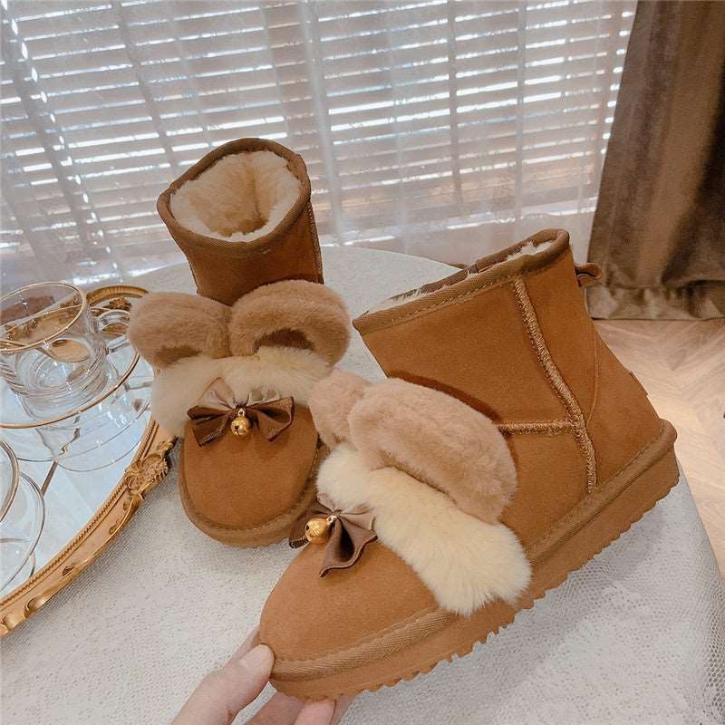 Pinky Bear Ears Bell Bow Winter Snow Brown Boots - Image 3