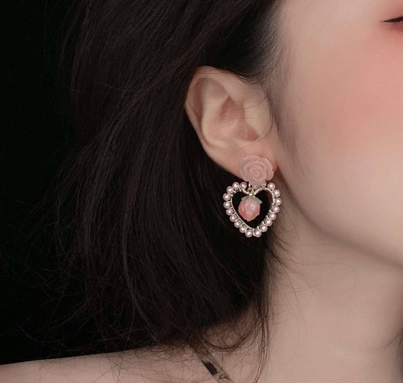 Beautiful Rose Strawberry Pearl Earrings - Image 3