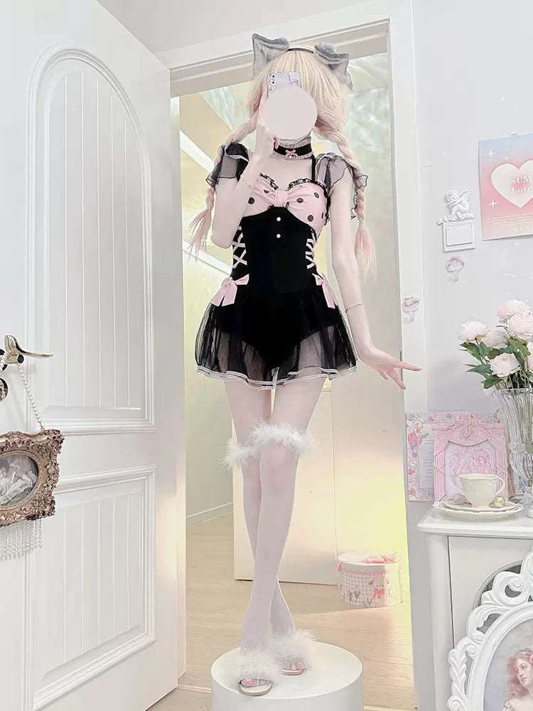 Black Pink Polka Dot Lolita Swimsuit - Image 5