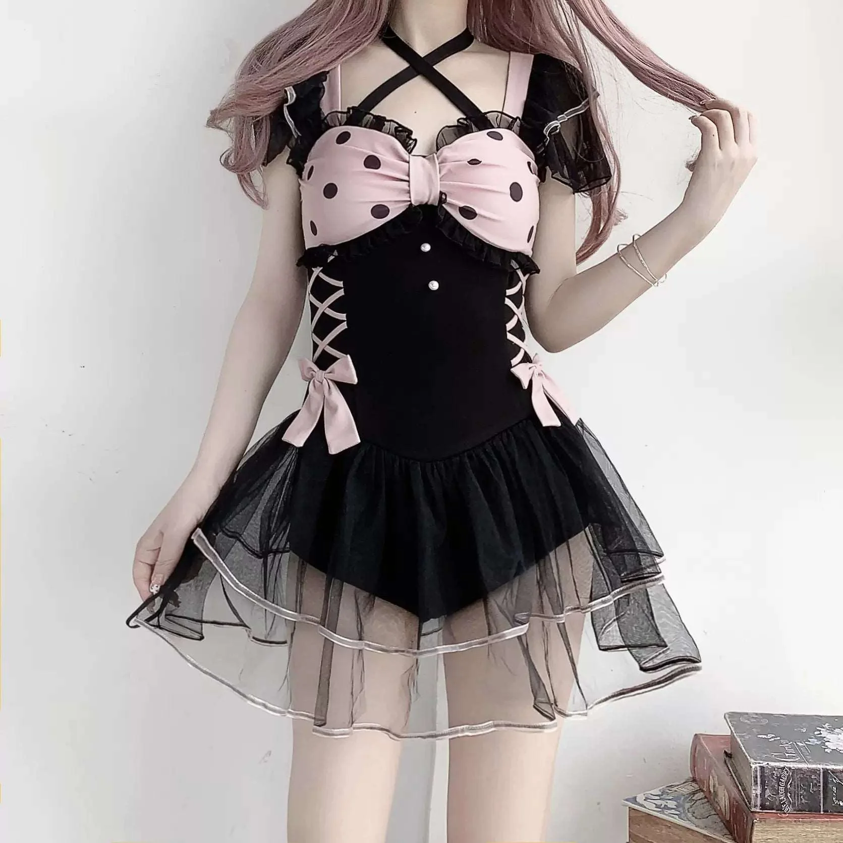 Black Pink Polka Dot Lolita Swimsuit - Image 6